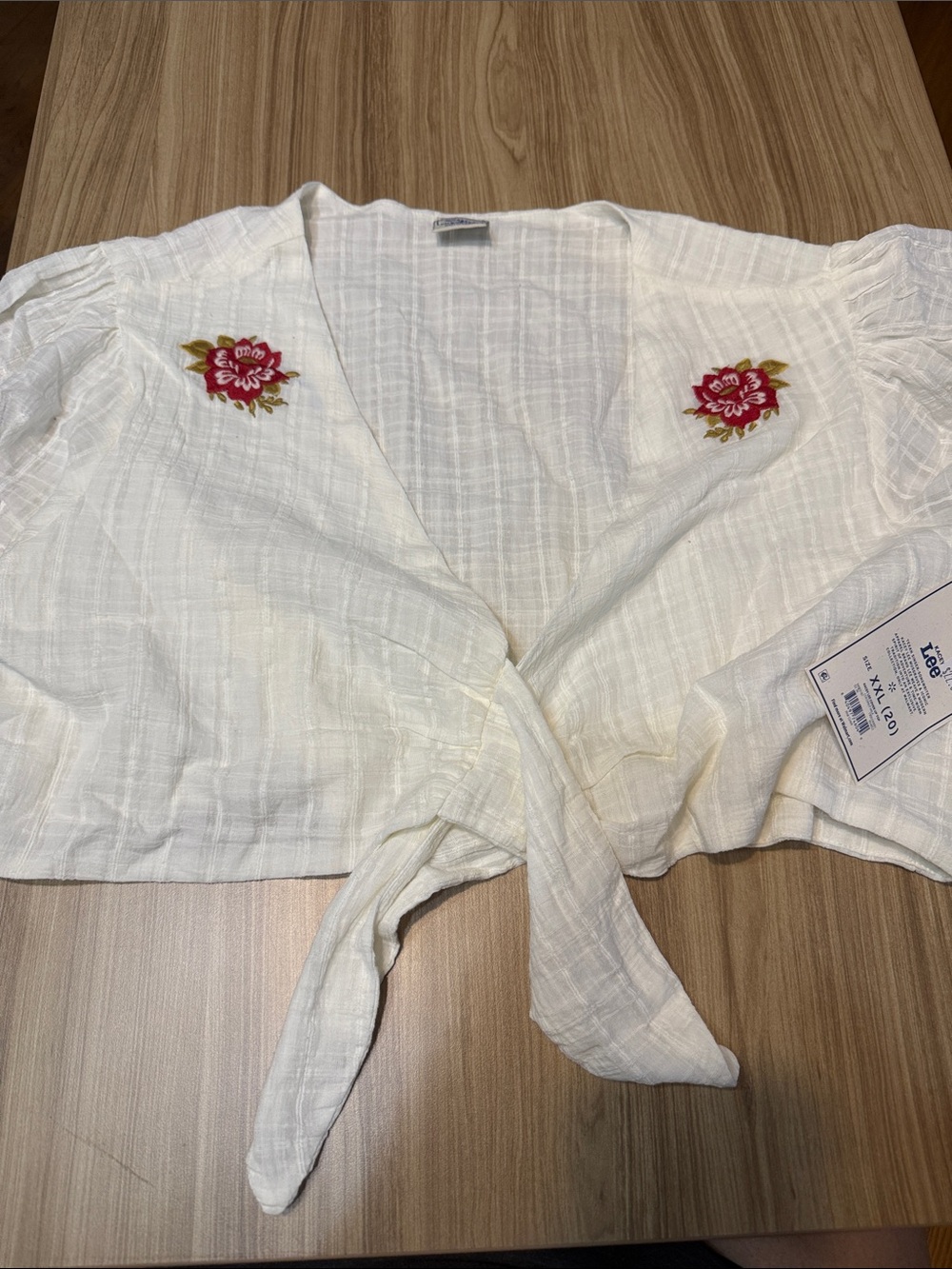 Lee White Tie-Front Crop Top with Red Floral Embroidery